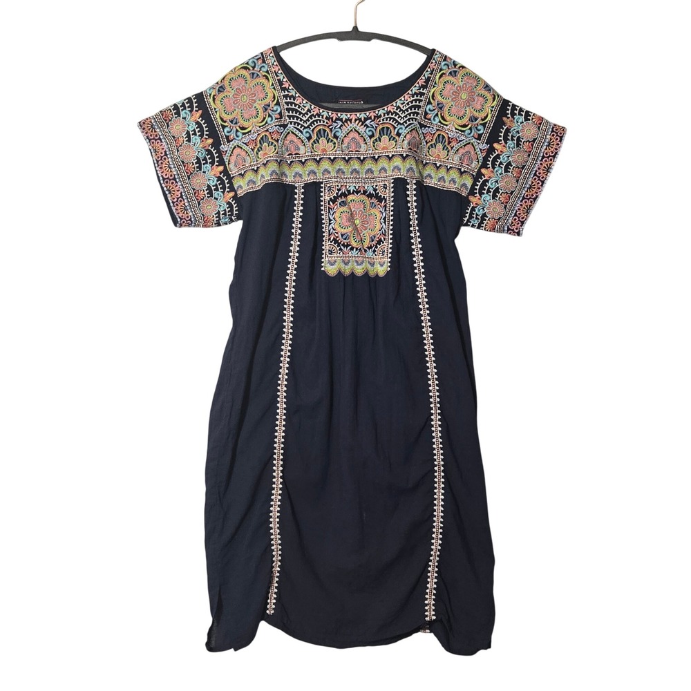Johnny Was Tamia Peasant Embroidered Tunic Dress Blue S Boho Resort Vacation